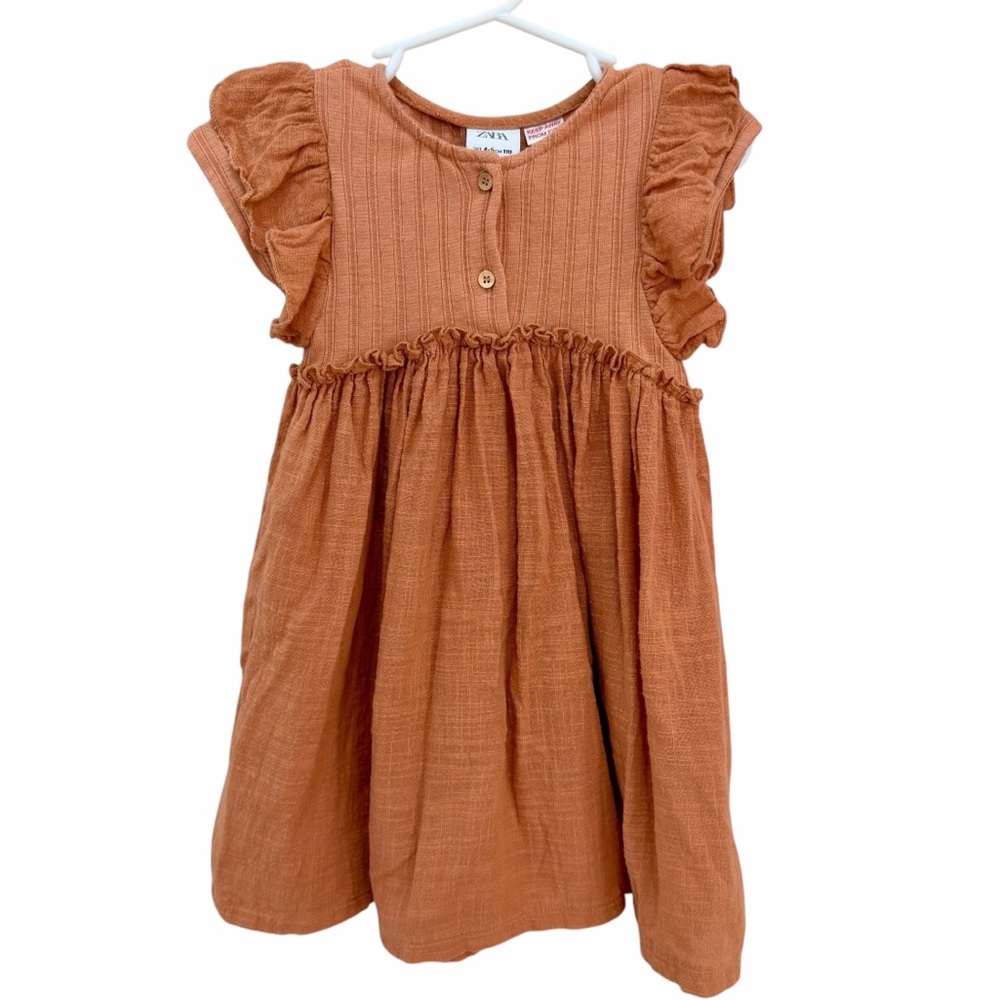 ZARA girls terra-cotta ruffle sleeve cotton dress size 4-5